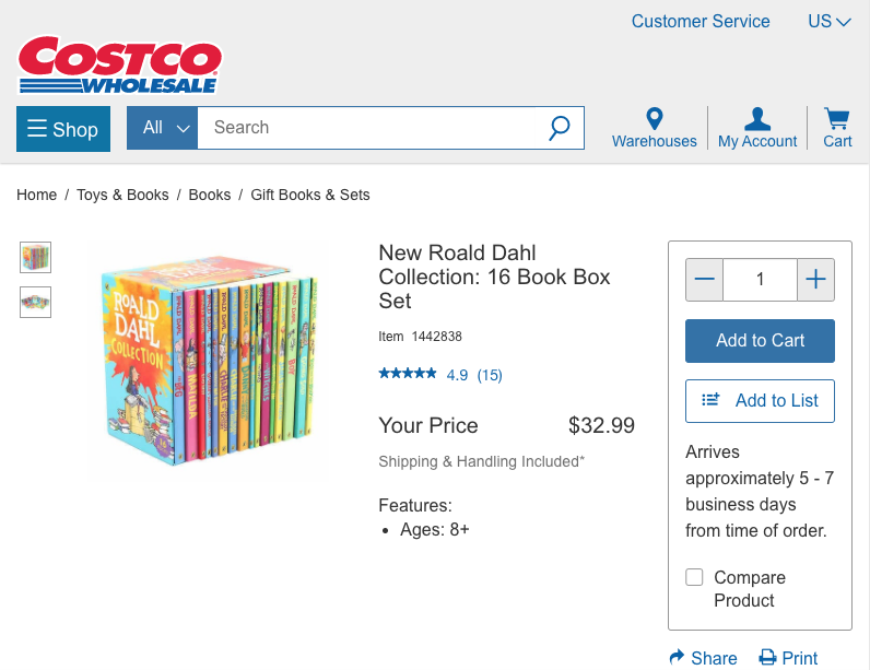 Costco.com 上面賣的 Roald Dahl Collection (16 本) 只要 $32.99