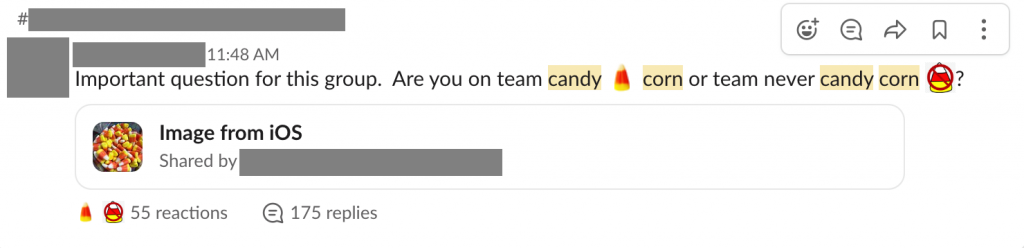 slack message about candy corns